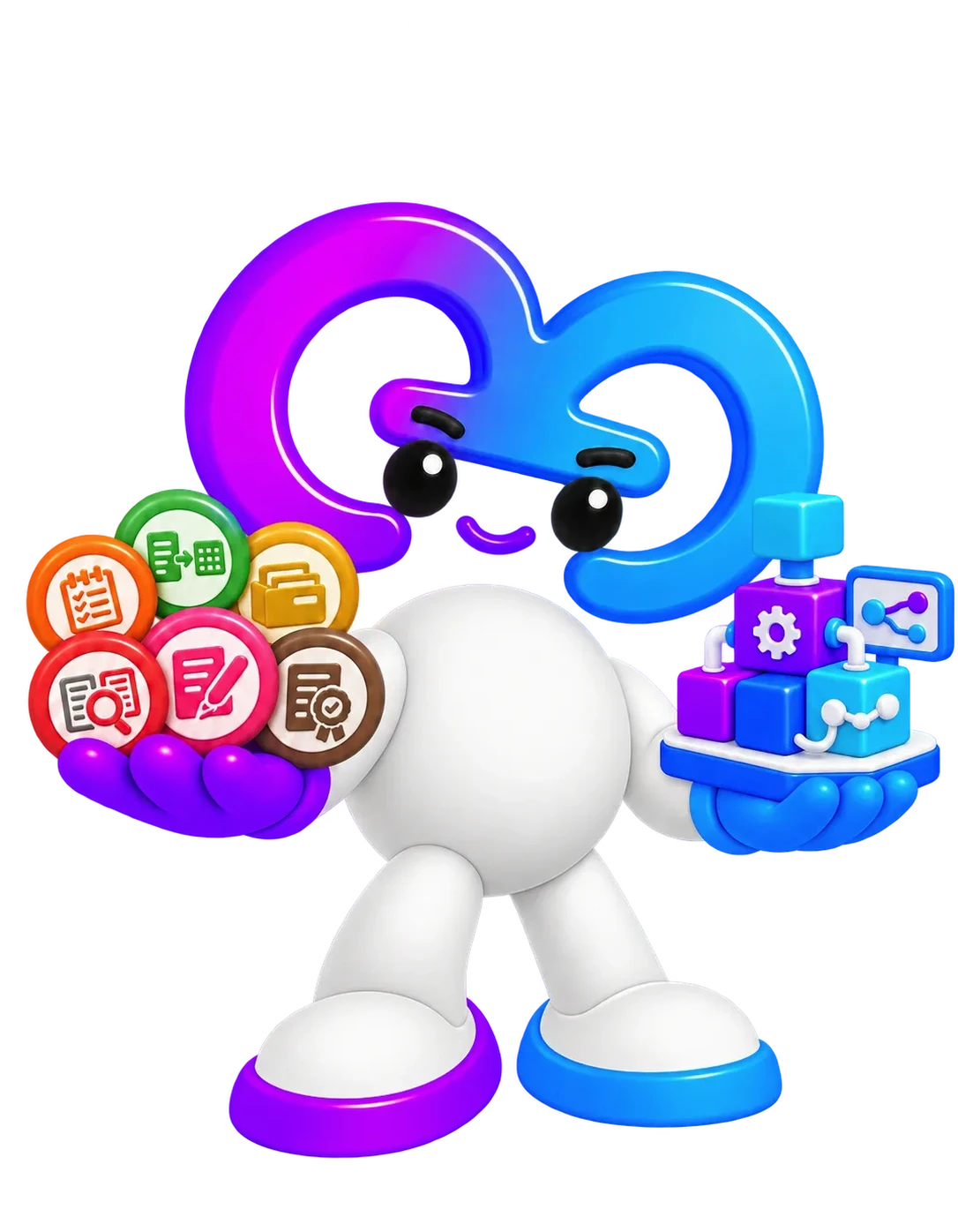 La mascotte opeedo tenant les Facilitateurs et les modules d'une plateforme